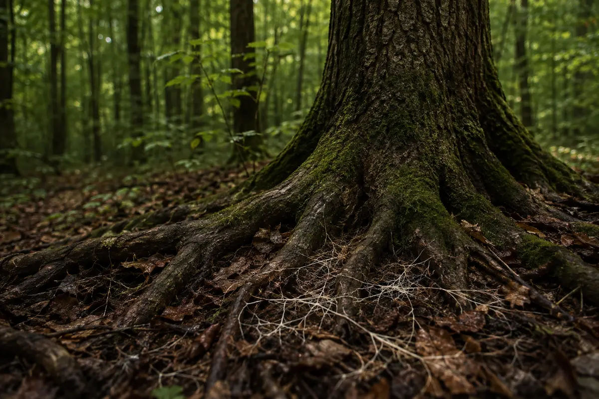 Baumwurzeln und Pilzmyzel in einem lebendigen Waldökosystem
