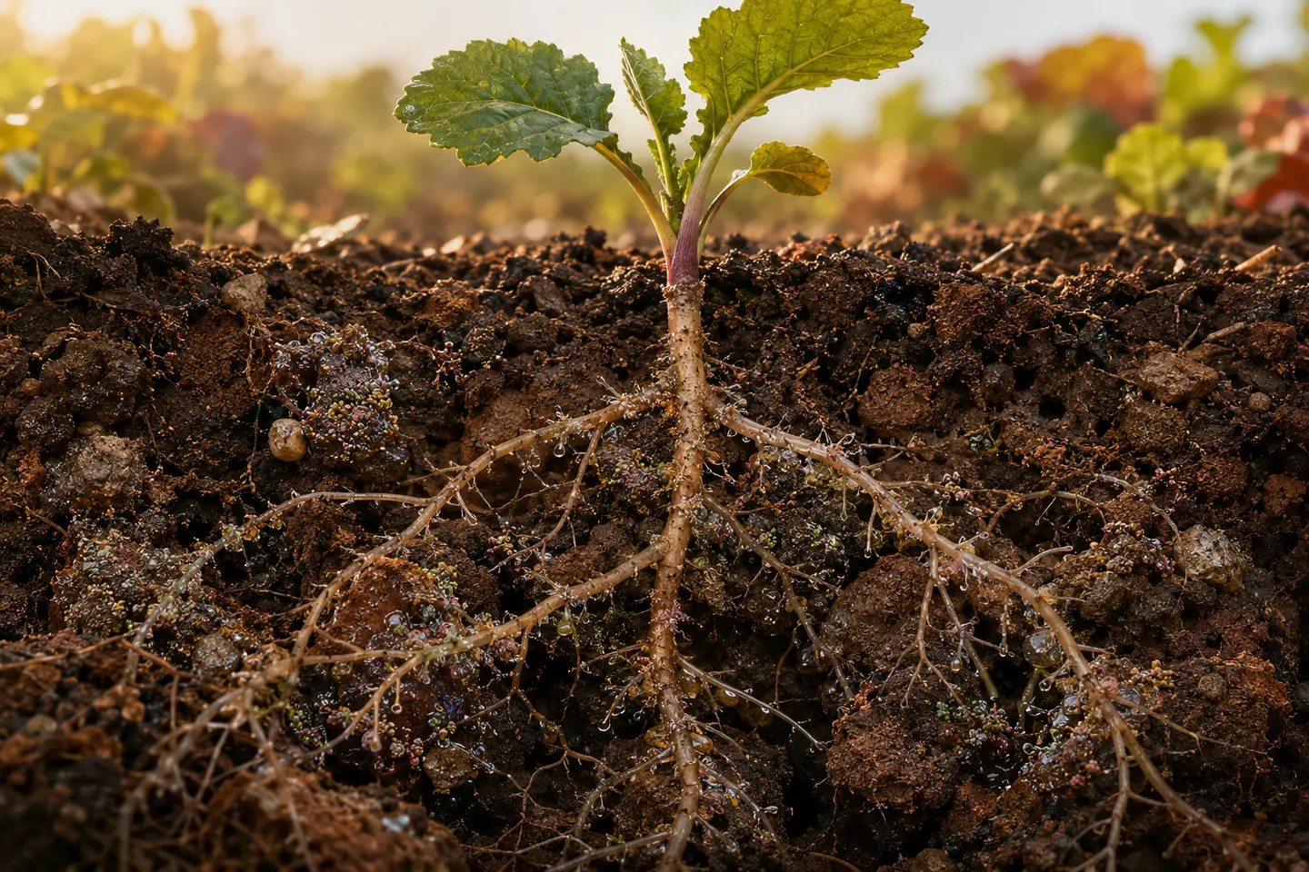 Kräftige Jungpflanze mit verzweigten Feinwurzeln und Bakterienkolonien in einem feuchten Bodenprofil
